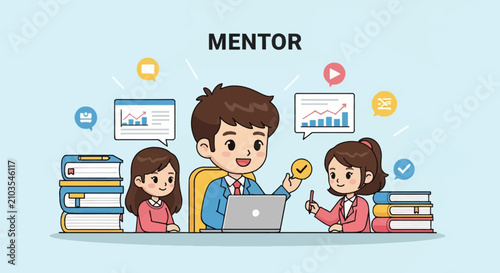 Cute chibi male mentor in a suit using a laptop while teaching two female students in an office setting with data charts, line graphs, books, and educational icons on light blue background.
