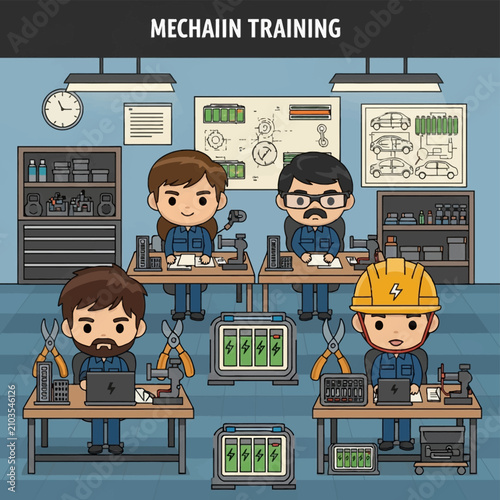 Vector illustration of chibi mechanics in blue uniforms during a technical training session in a workshop with car diagrams, battery chargers, tools, and laptops on desks.