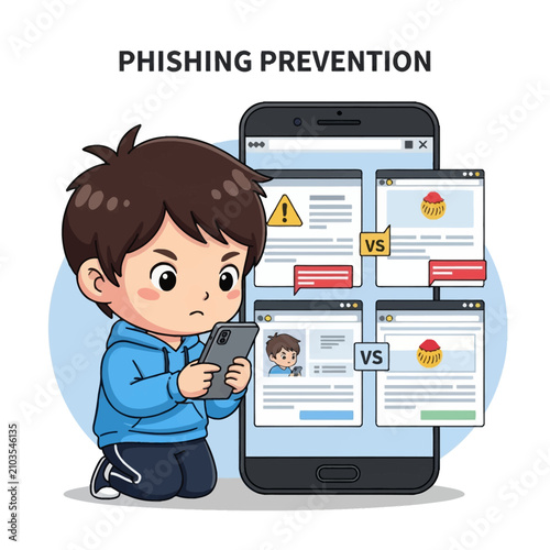 Chibi boy in blue hoodie holding a smartphone for phishing prevention, featuring a large mobile screen displaying comparative web windows of fake and legitimate sites for digital security education.