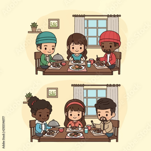 Chibi vector illustration of a multicultural group of people sharing a meal at a dining table, featuring diverse characters, food plates, and cozy home interior decor elements.