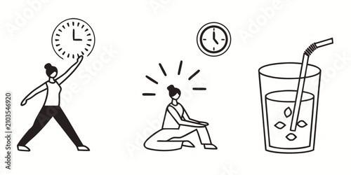 Bild auf Leinwand Runner with stopwatch, person checking clock, and coffee cup with thermometer