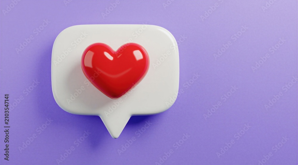 Fototapeta premium Red 3D heart icon inside white speech bubble on purple background. Romantic symbol for love, social media interaction. Digital chat message graphic represent positive feedback, human connection. Cute