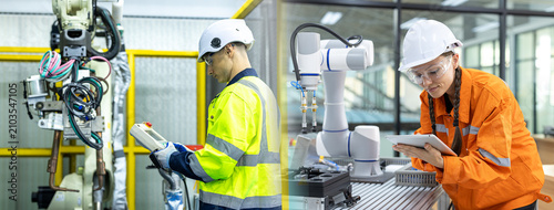 Professional robotics specialists operating mechanical arms using smart controllers. Industrial automation team setting up smart factory robotic equipment. 