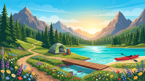 Scenic mountain camping landscape vector, summer outdoor adventure background with tent and lake, wild nature park with kayak and hiking trail