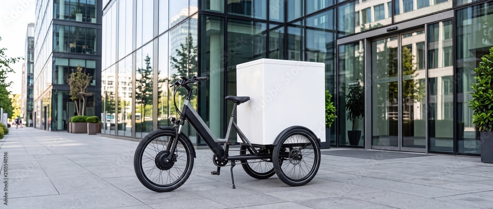 Fototapeta premium Delivery e-bike cargo bicycle stands on city street with modern office building glass facade in background