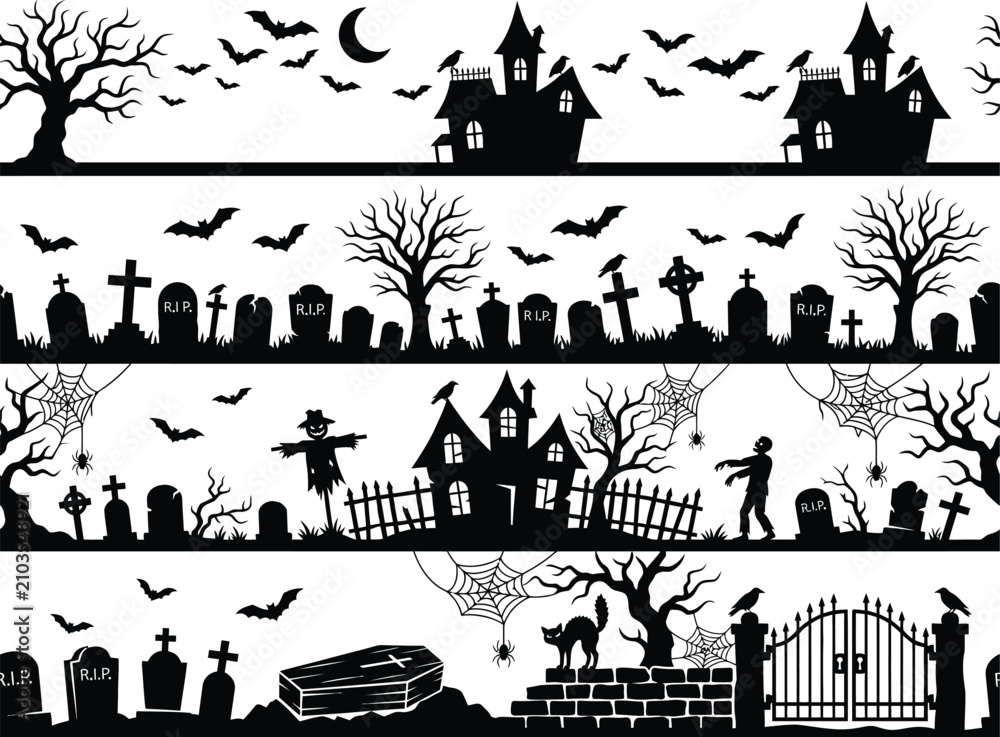 Obraz premium Spooky halloween scene set graveyard haunted house bats and creepy trees