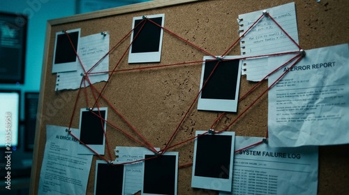 Technology investigation board featuring system failure logs AI error reports handwritten code and empty frames linked by red thread