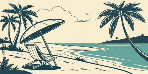 Tropical beach scene with empty lounge chair and palm trees beach chair turquoise water