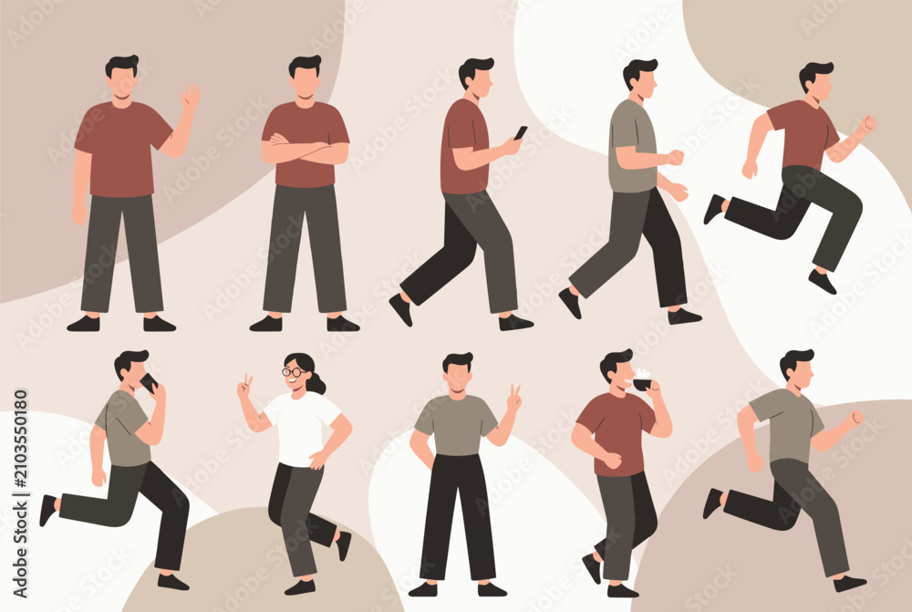 Fototapeta premium Set of male character poses representing daily routines like walking, running, calling, drinking coffee, and standing.
