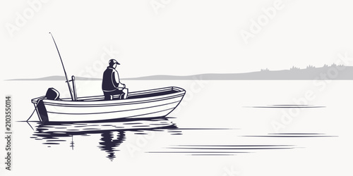 Konstfotografi Small fishing boat with person on calm lake, minimal flat style person rowing oa
