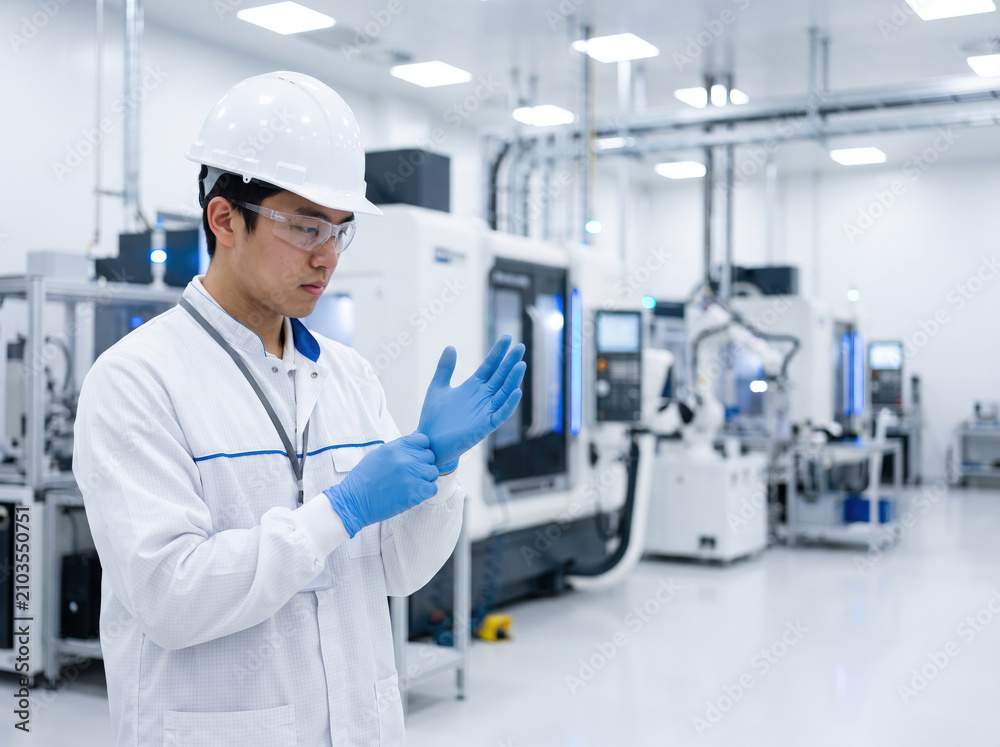 Naklejka premium Asian engineer wearing a white hard hat and gloves in a modern clean factory
