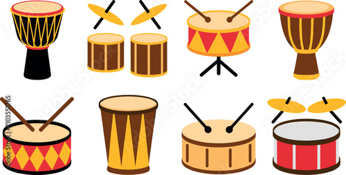 Quadro em tela Musical Drum and Percussion Instrument Icon Set Featuring Djembe, Snare, Conga,
