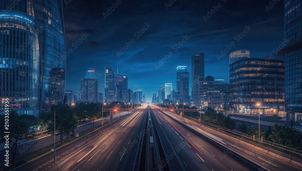 Fototapeta premium Breathtaking urban skyline at night featuring contemporary architecture and a clear road.
