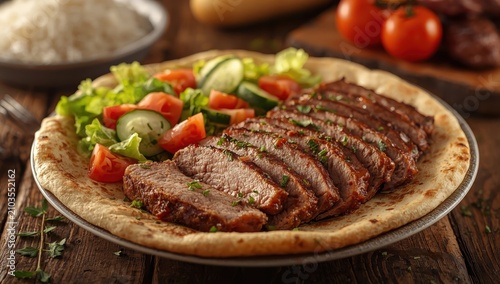 Isolated plate of lavash zurna doner kebab  shawarma  Hatay-style chicken doner wrap  doner in gobit bread  and iskender doner kebap over rice.