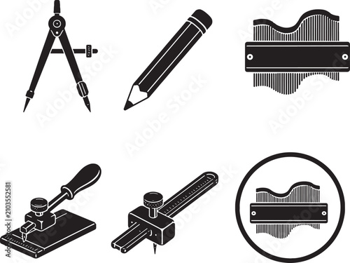 Quadro su tela Floor Layout and Scribing Tools Black Silhouette Vector Icon Set Contour Gauge S