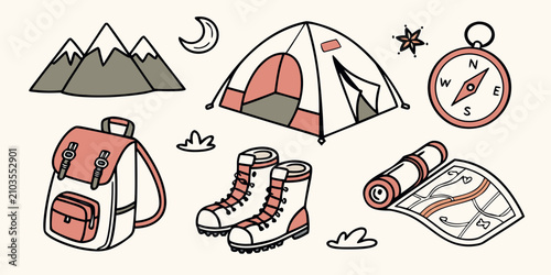 Set of 8 adventure mountain tent, backpack, boots, compass, map, campfire, stars, and