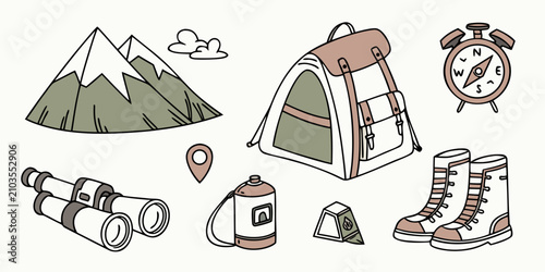 Set of 8 adventure mountain tent, backpack, boots, and more hiking boots campfire