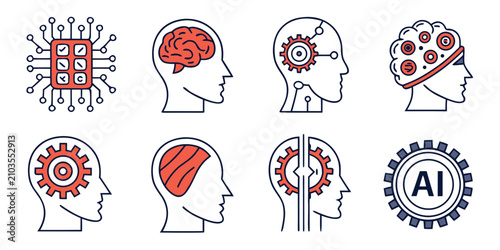 Set of 8 ai neural network, brain, machine learning symbols artificial intelligence