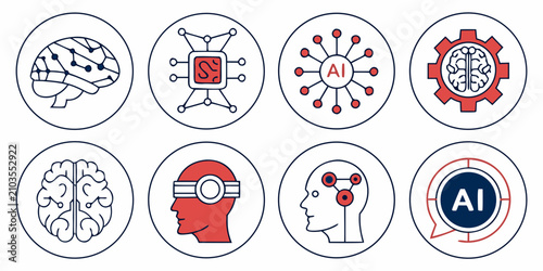 Set of 8 ai featuring neural network, brain, robot, and circuit symbols ai neural network