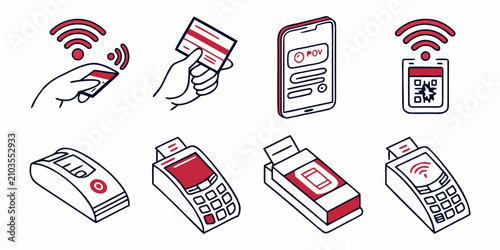Set of 8 flat payment mobile, credit card, wallet, bank payment mobile payment debit card
