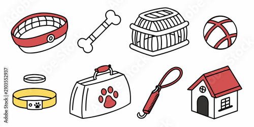 Set of 8 pet care pet bowl, pet paw, dog bone, brush, house, leash, toys, and vet bag