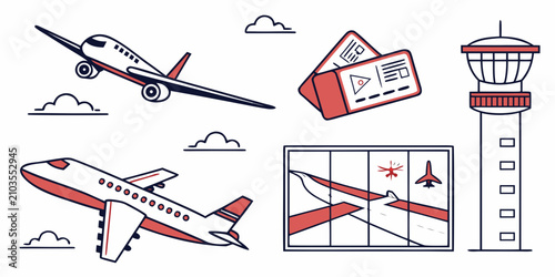 Set of eight airplane jet, fighter jet, biplane, and more propeller plane hot air balloon