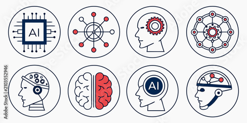 Set of eight ai featuring neural networks, brains, and technology symbols in flat style