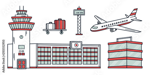 Set of eight flat airport terminal, runway, control tower, gates, jet bridge, airplane, luggage