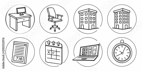 Set of eight office desk, chair, calendar, clock, computer, books, globe, and lamp