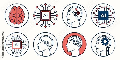Set of eight representing artificial intelligence, brain, neural network, machine learning