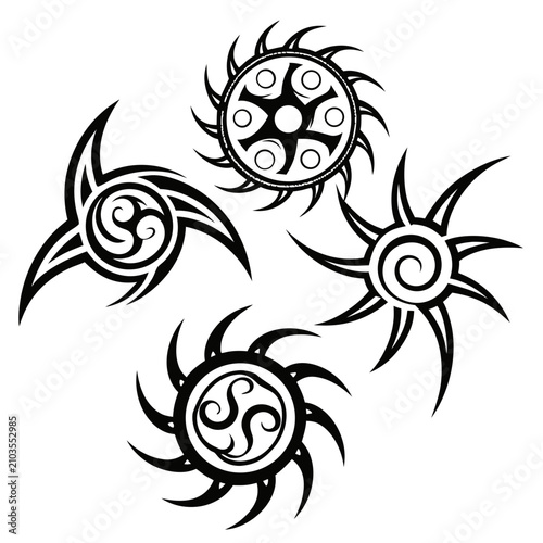 Set of five tribal tattoo swirl silhouette black ink on white background, abstract pattern