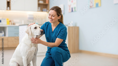 Friendly female veterinarian petting a cute dog in a modern veterinary clinic
