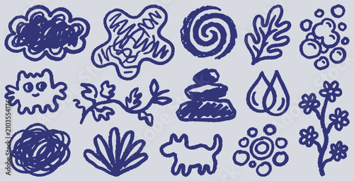 Collection of hand-drawn doodle icons representing various abstract shapes, nature elements, and simple figures.