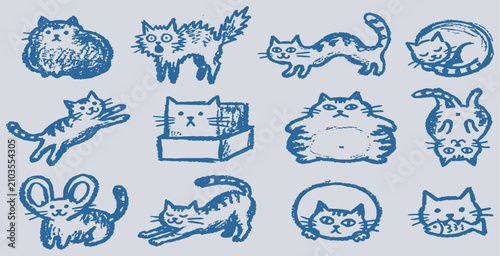 Foto A collection of charming and whimsical hand-drawn cat illustrations in various poses and expressions, rendered in a blue sketch style