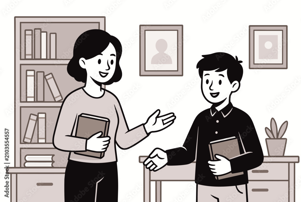 Obraz premium Female school teacher giving a book to a young male student in a classic library with wooden bookcases in sepia tone.
