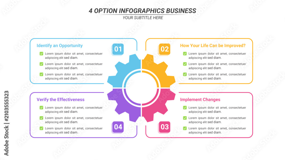 Naklejka premium 4 Step Gear Infographic Presentation Template with Editable Text on 16:9 Layout