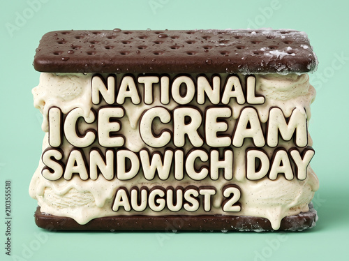 Ice cream sandwich dessert featuring celebratory typography isolated on a soft mint green background for food holiday events.