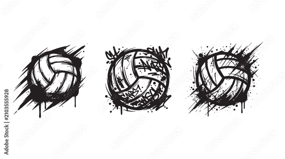 Obraz premium Set of three black volleyball with aggressive graffiti ink splatter and paint drip textures isolated on a white background, for sports