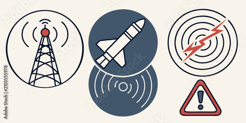 Bild auf Leinwand Of missile warning, danger alert, and explosion symbols missile warning danger a
