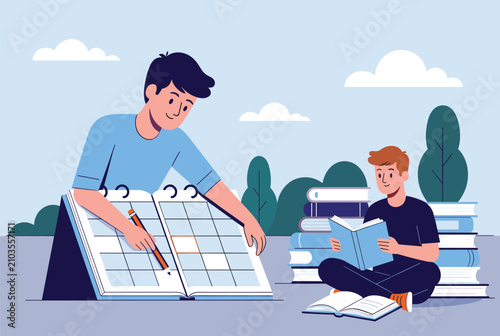 Two school boys planning their study schedule on a large desk calendar with pencils and books in green outdoor park.