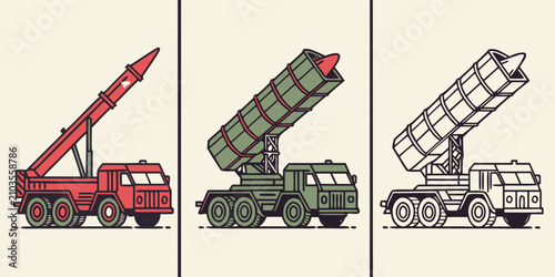 Fotografie Red military rocket launch system with transport erector launcher, side and fron