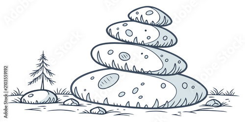 Canvastavla Snow-covered pebble with pine tree, clean snow covered pebble ice coated stone w