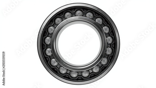 Detailed view of a large ball bearing section. Display item at the exhibit. Set against a white backdrop.
