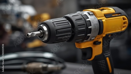 Detail view of a yellow and black cordless drill highlighting the chuck and bit holder, with a blurred background for focus.