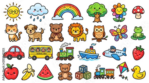 Cute kawaii doodle set featuring happy cartoon animals, fruits, and transportation icons. Colorful vector illustration for kids' designs, stickers, and educational graphics.