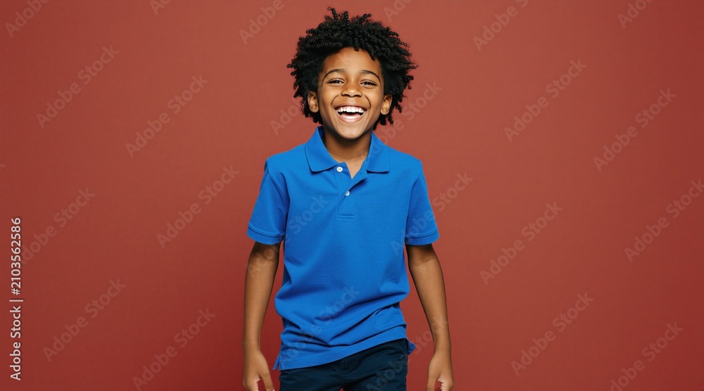 Obraz premium Happy young Black boy laughs in blue polo shirt on plain red background. Curly hair kid has joyful expression and is full of fun. Positive child face, energetic mood.