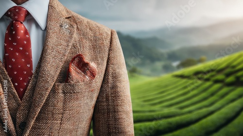 Elegant man wearing brown tweed jacket and red tie with blurred landscape background