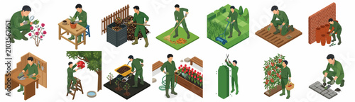 Isometric Gardener Set with Man Performing Various Garden Maintenance and Horticultural Tasks