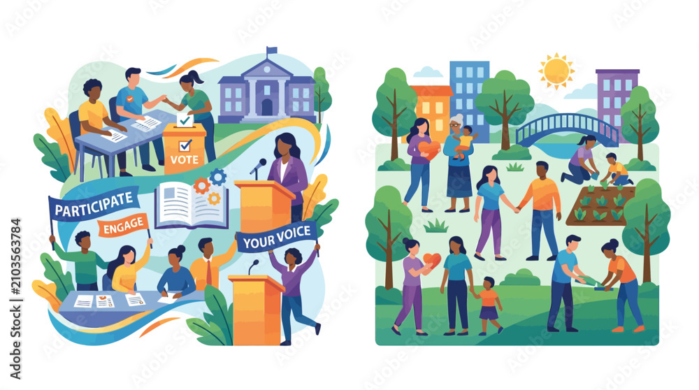 Naklejka premium Flat vector illustration showing civic engagement and community unity activities