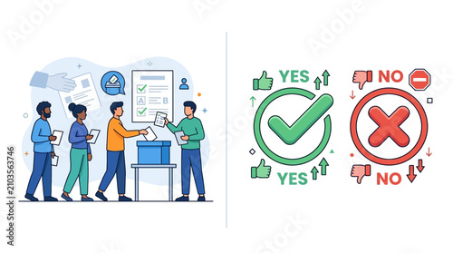 Flat vector illustration of people voting and decision symbols